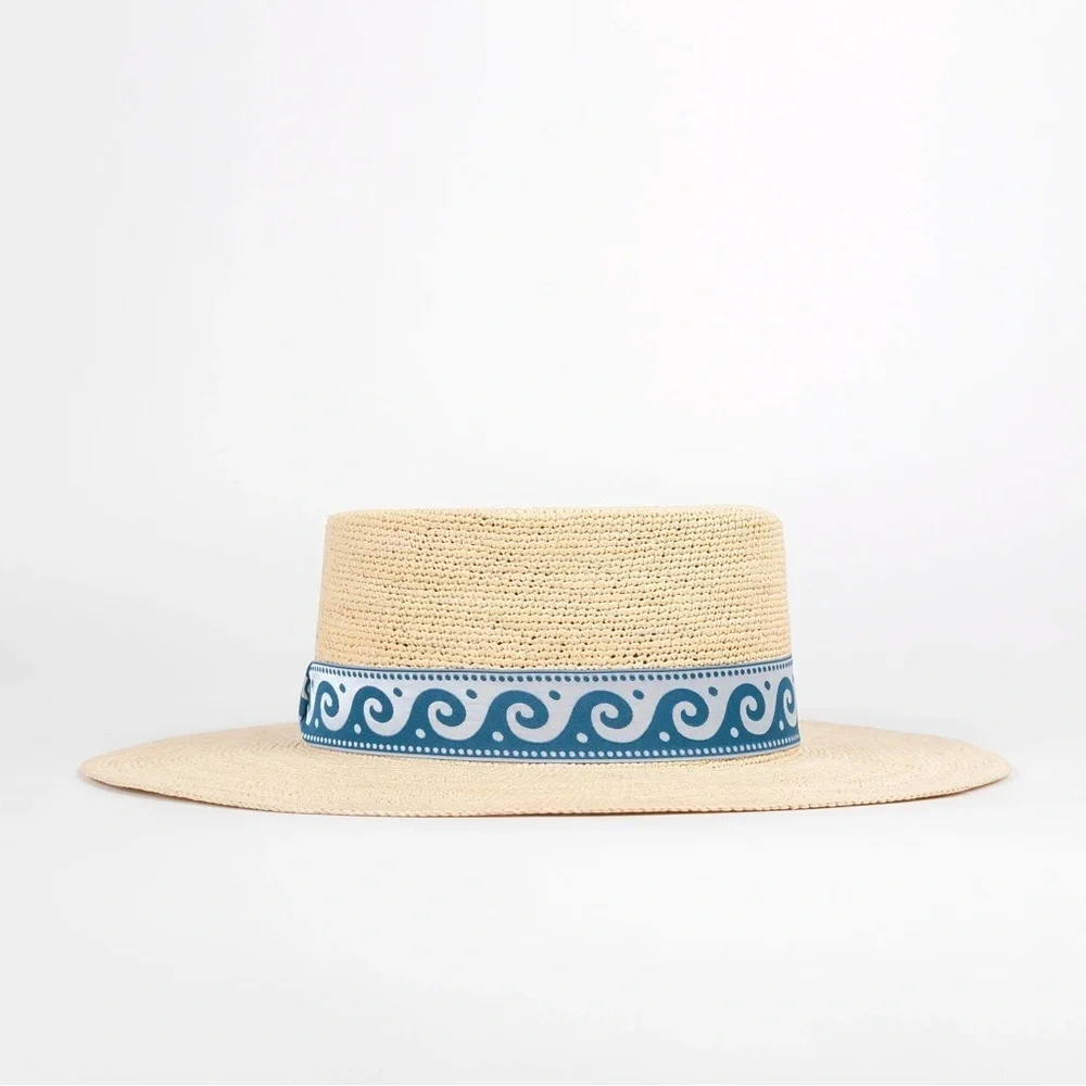 Anthropologie X Elegancia Tropical Stylish Beige Straw Hat with Blue Wave Band